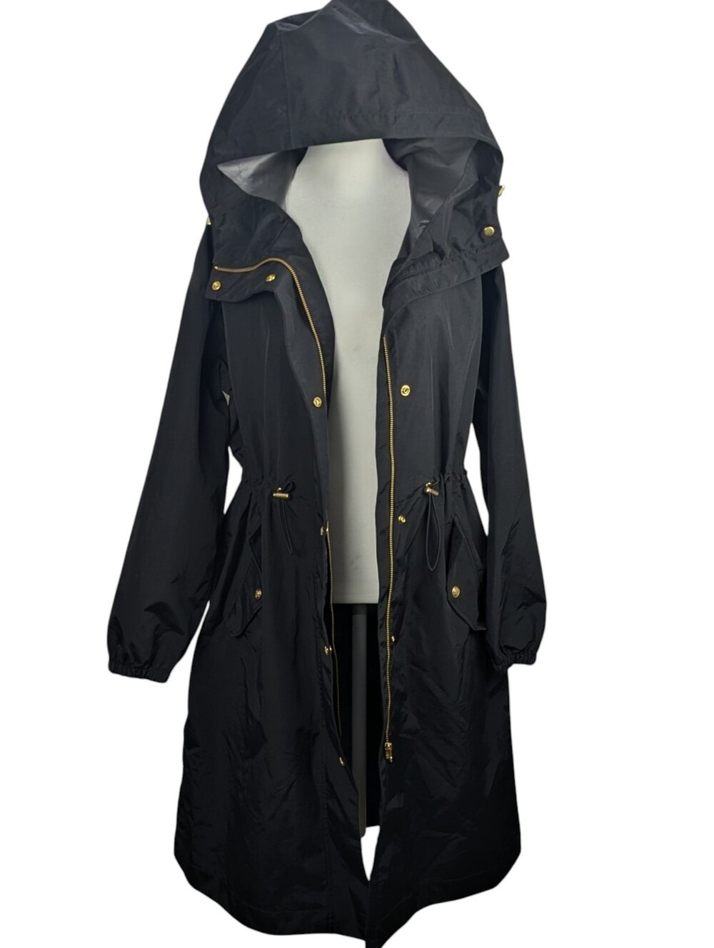 Oversized J. Crew Perfect Raincoat Black Hooded Pockets Size XS Gold Zip Snap